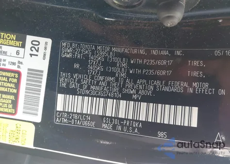 2016 Toyota Sienna Xle 8 Passenger z USA, uszkodzony, nr VIN 5TDYK3DCXGS748104